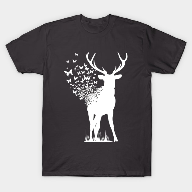 Big Buck Series: Buck Dissipating into Butterflies (White Graphic) T-Shirt by Jarecrow 